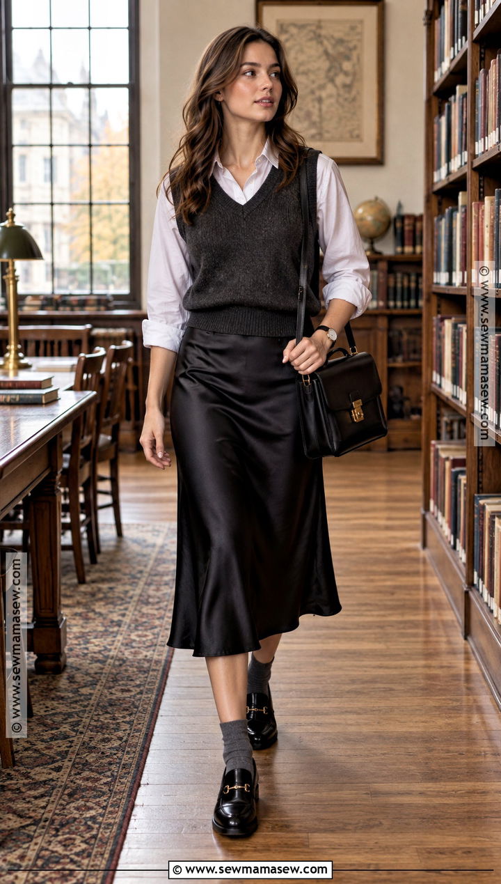 Black Satin Skirt With White Shirt And Sweater Vest - 20 black satin skirt outfit autumn ideas
