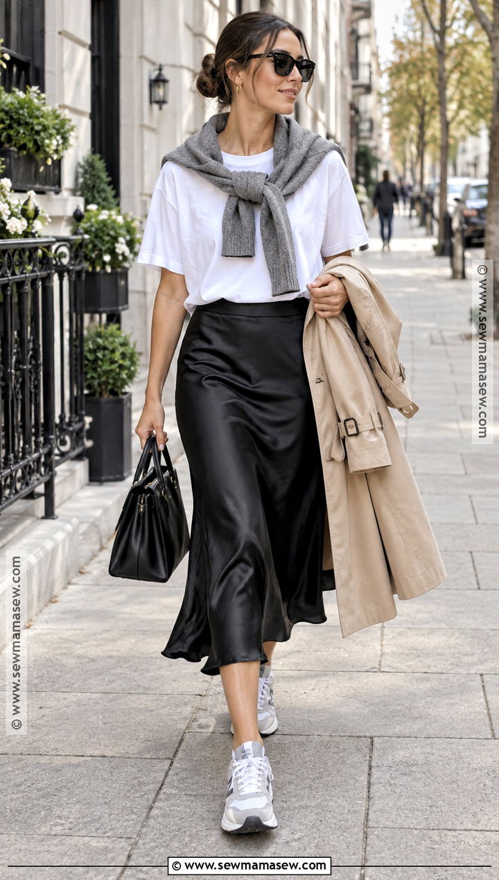 Black Satin Skirt With White T Shirt And Shoulder Sweater - 25 satin skirt outfit fall ideas
