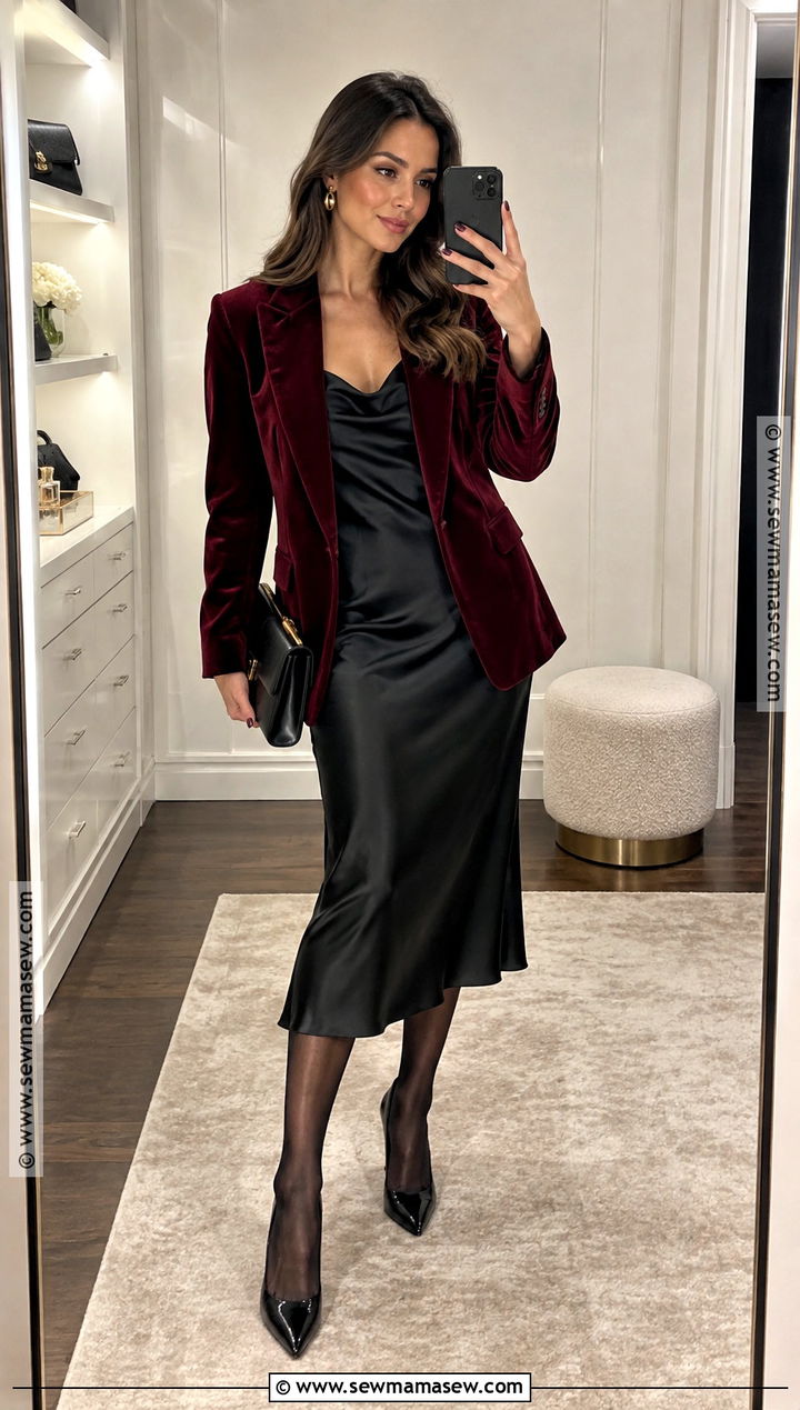 Black Satin Slip Dress With Velvet Blazer - 15 Fancy Fall Dresses