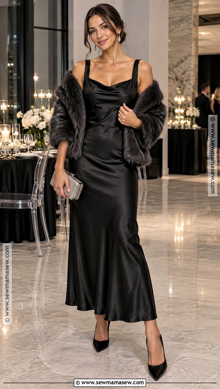 Black Satin Slip Wedding Guest Dress With Faux Fur Wrap - 15 Fall Winter Wedding Dresses