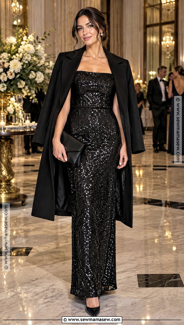 Black Sequin Column Dress Outfit - 15 all black wedding guest outfit fall ideas