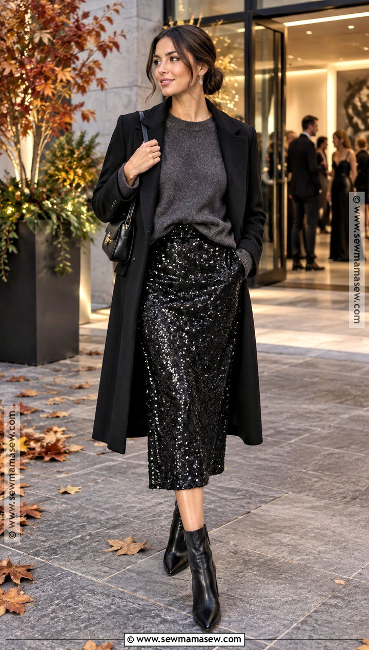 Black Sequin Midi Skirt With Crewneck Sweater And Boots - 20 fall black skirt outfits