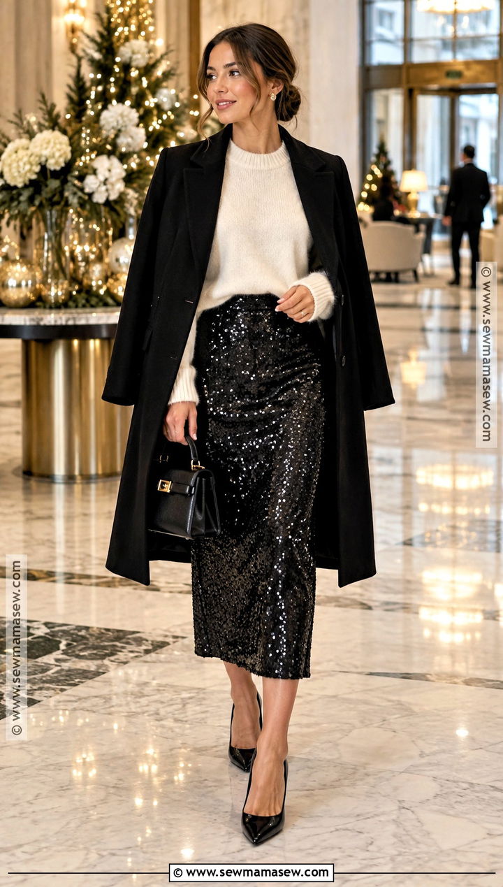 Black Sequin Skirt With Soft Sweater And Pumps - 25 black skirt fall outfit ideas