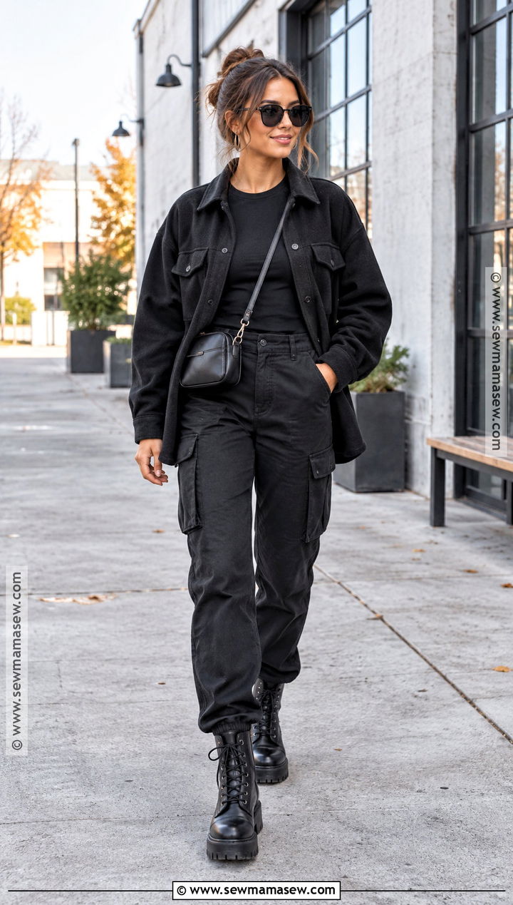 Black Shacket And Cargo Pants Outfit - 25 black autumn outfit ideas
