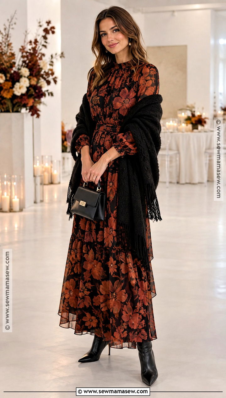 Black Shawl With A Fall Maxi Dress - 20 shawl outfit fall ideas