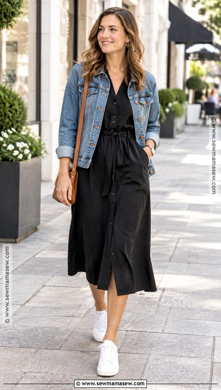 Black Shirt Dress With Denim Jacket And White Sneakers - 25 black dress fall outfit ideas