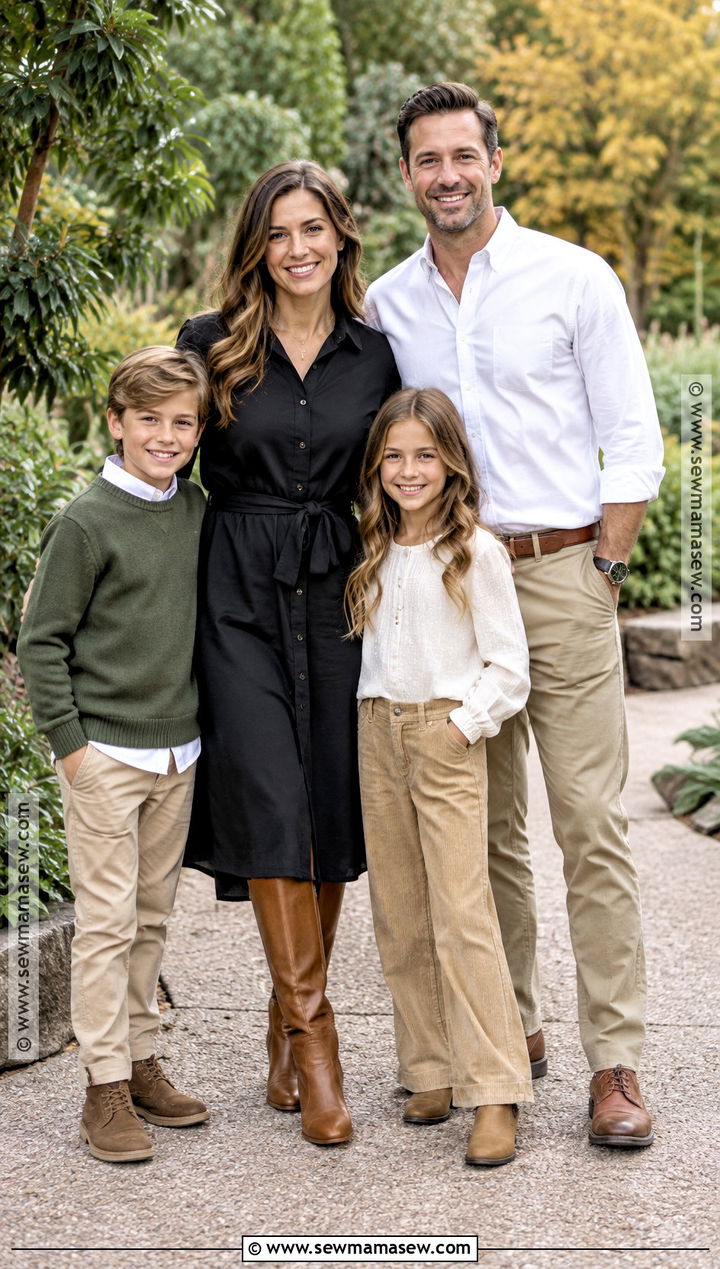 Black Shirt Dress With Khaki Family Outfits - 15 Black Dress Fall Photoshoot Ideas for Family