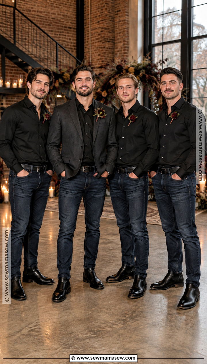 Black Shirt Groomsmen Attire With Blue Jeans - 15 groomsmen attire fall wedding jeans
