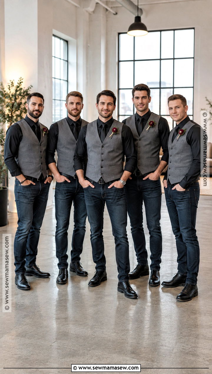 Black Shirt Groomsmen Outfit With Dark Jeans - 15 fall wedding groomsmen attire jeans
