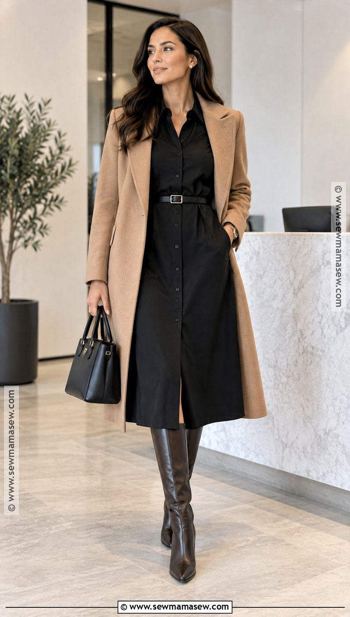 Black Shirtdress And Knee High Boots Fall Corporate Outfit - 15 fall corporate outfits 2026