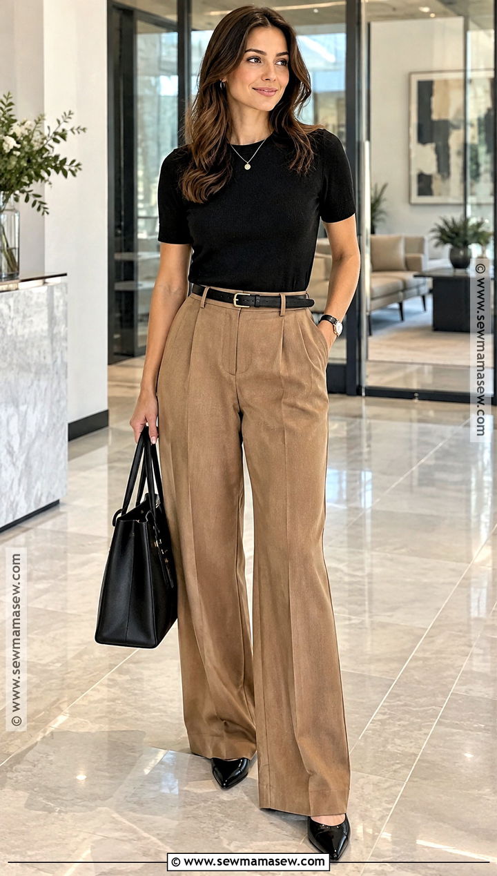 Black Short Sleeve Sweater With Wide Leg Trousers - 20 Short Sleeve Sweater Outfit Fall Ideas