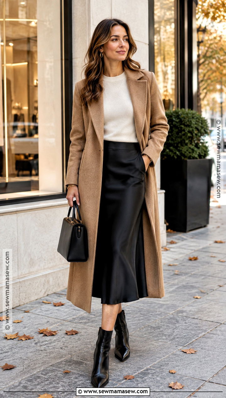 Black Silk Skirt With Camel Coat And Fitted Knit - 15 black silk skirt outfit autumn ideas