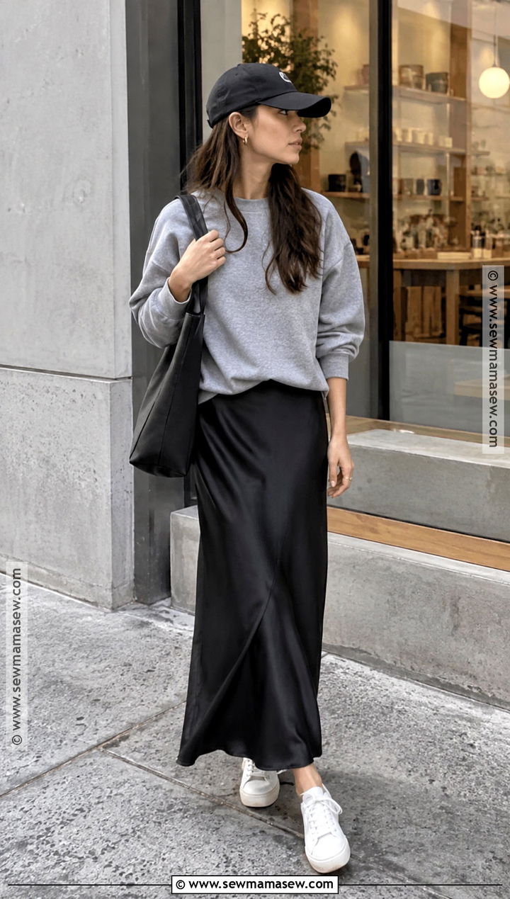 Black Silk Skirt With Gray Sweatshirt And Sneakers - 20 Black Silk Skirt Fall Outfit Ideas