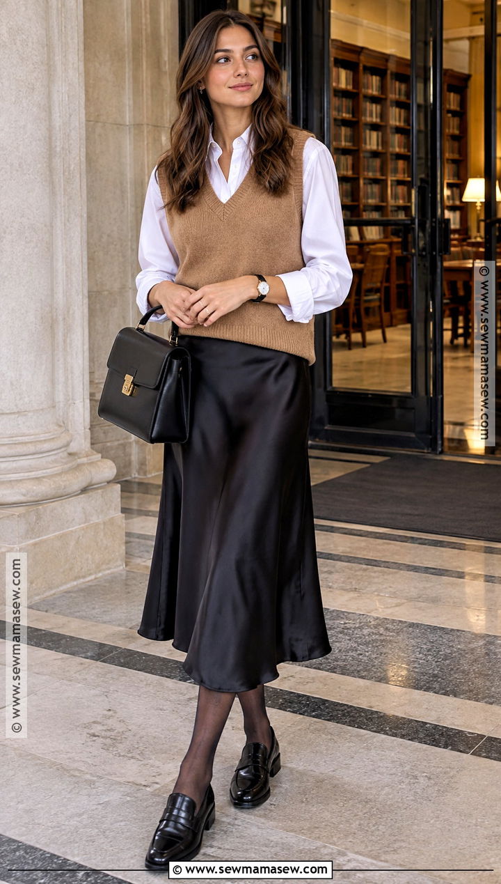 Black Silk Skirt With Sweater Vest And Button Down - 20 Black Silk Skirt Fall Outfit Ideas