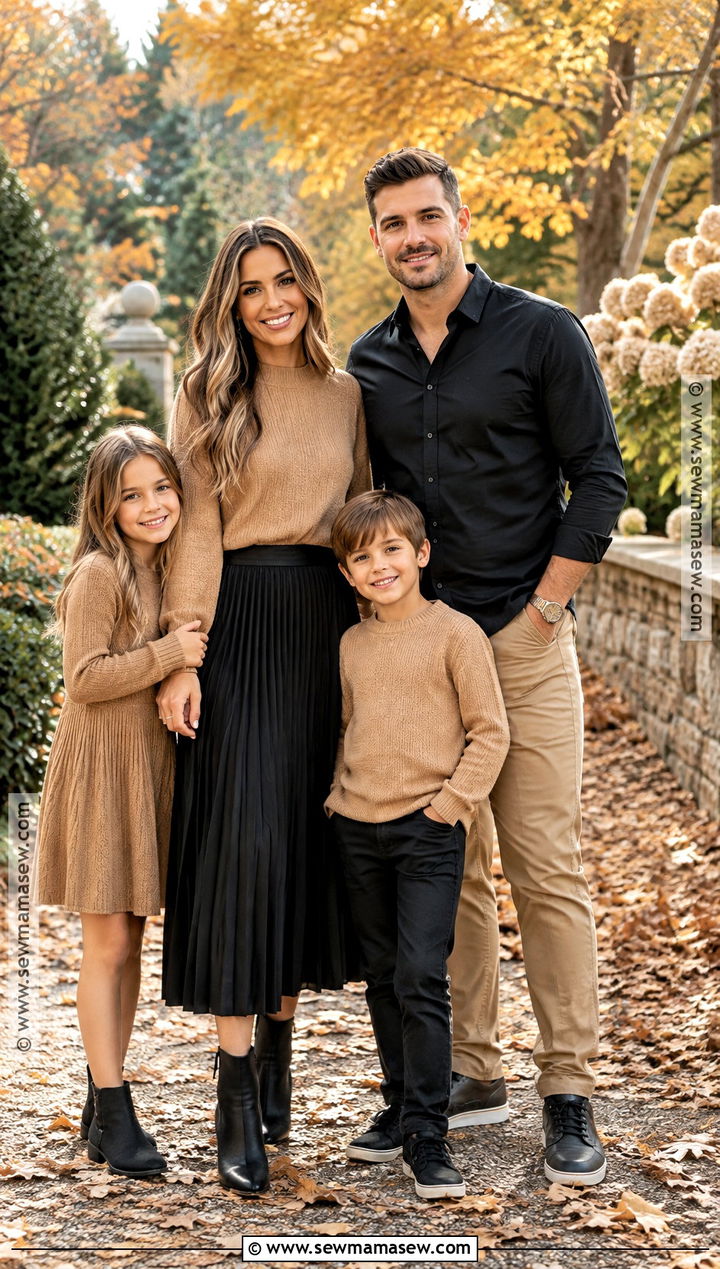 Black Skirt And Camel Sweater Family Outfit - 15 fall family pictures outfits black and tan