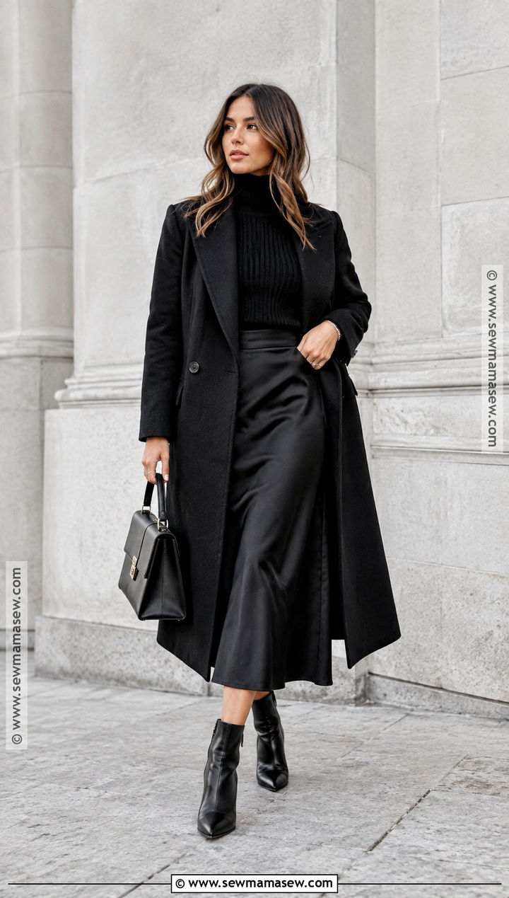 Black Skirt With Monochrome Black Layers - 20 fall outfits with black skirt