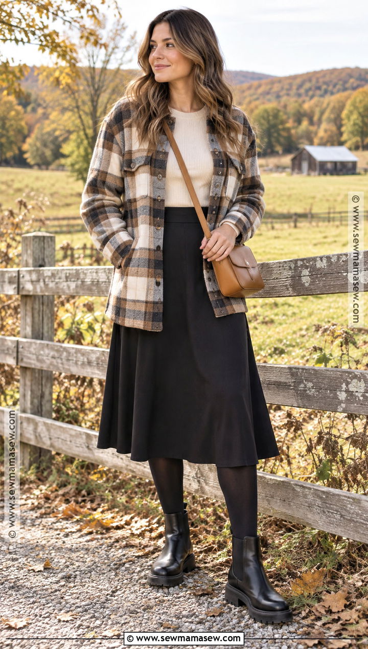 Black Skirt With Shacket And Chelsea Boots - 20 fall outfits with black skirt