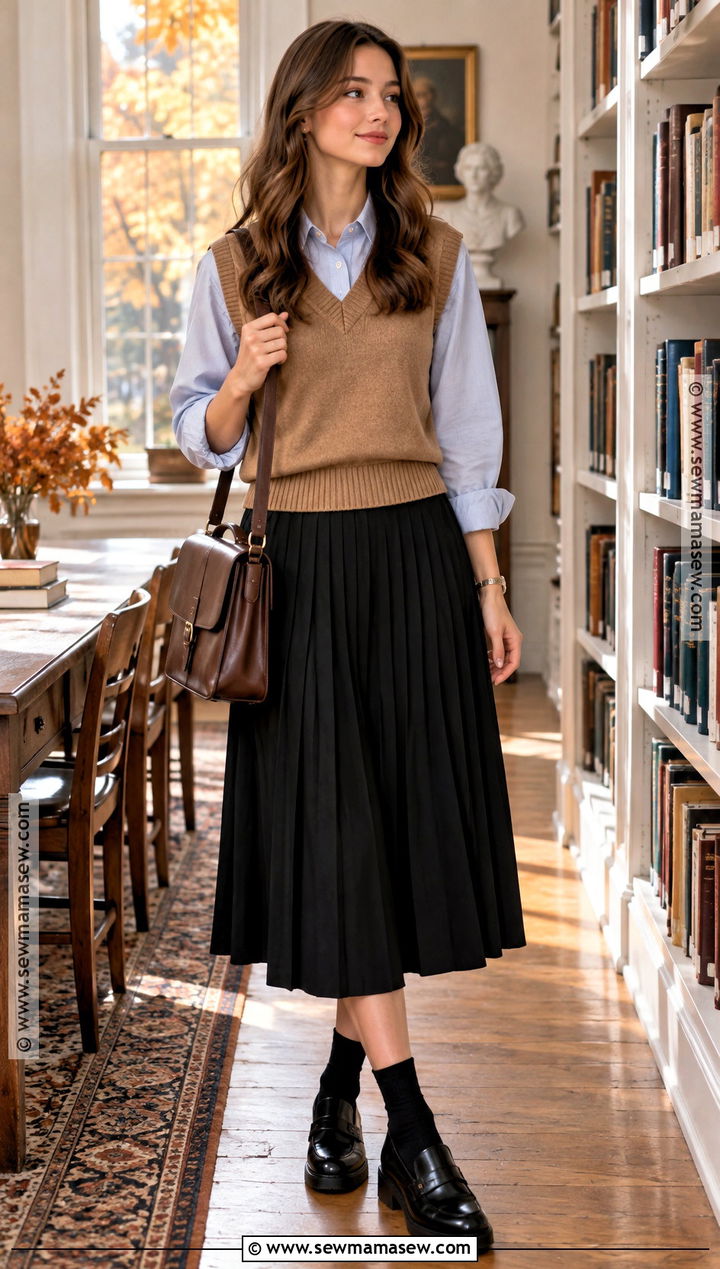 Black Skirt With Sweater Vest And Button Down - 20 fall outfits with black skirt