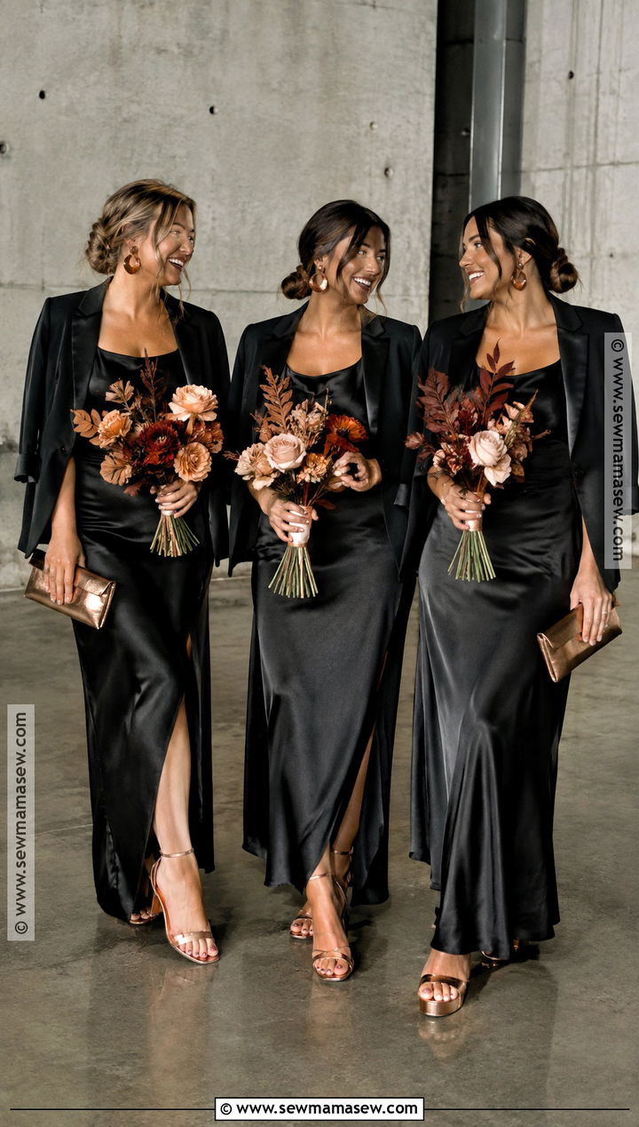 Black Slip Bridesmaid Dress With Copper Accessories - 15 Fall Wedding With Black Bridesmaid Dresses