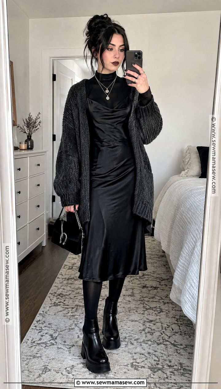 Black Slip Dress And Oversized Cardigan Goth Outfit - 15 thanksgiving outfit goth ideas