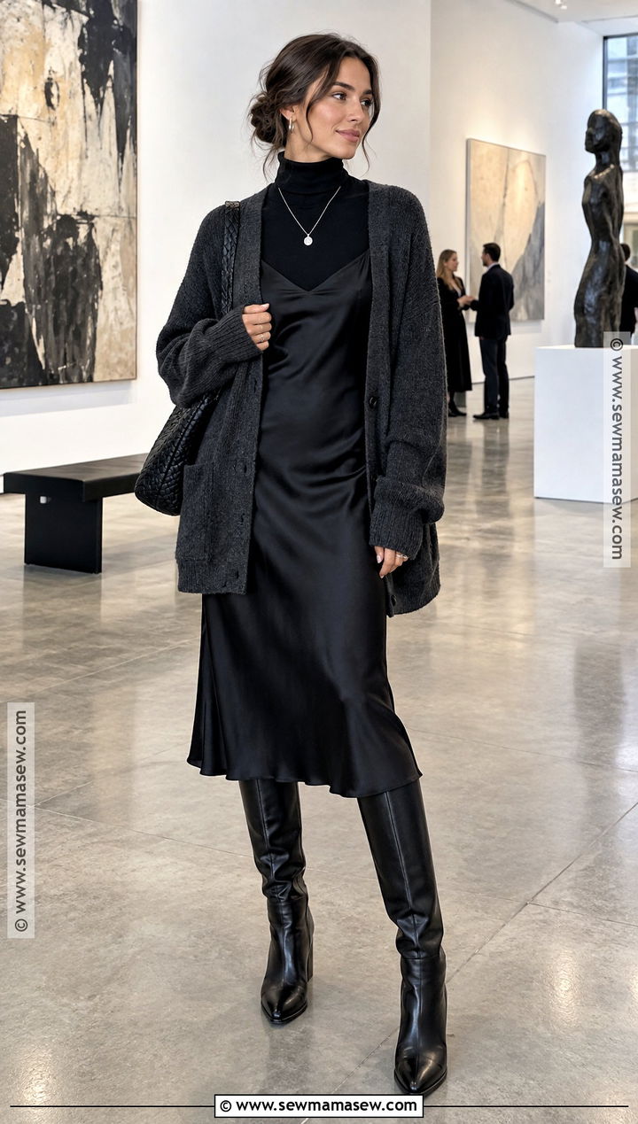Black Slip Dress And Oversized Cardigan Outfit - 25 dark fall outfits