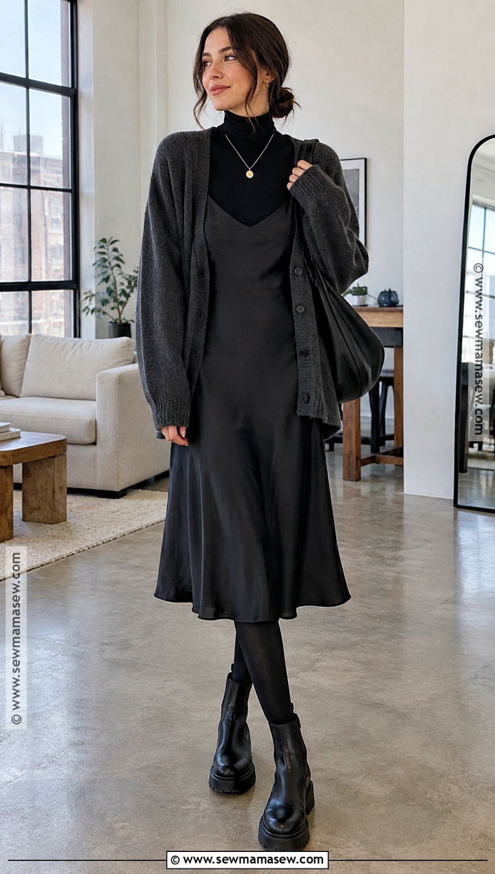 Black Slip Dress And Oversized Cardigan Outfit - 20 dark fall aesthetic outfits