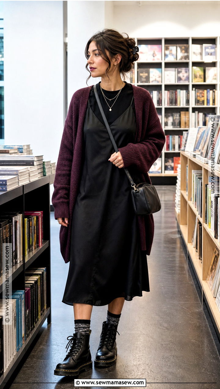 Black Slip Dress Halloween Outfit With Oversized Cardigan - 30 Halloween Casual Outfits