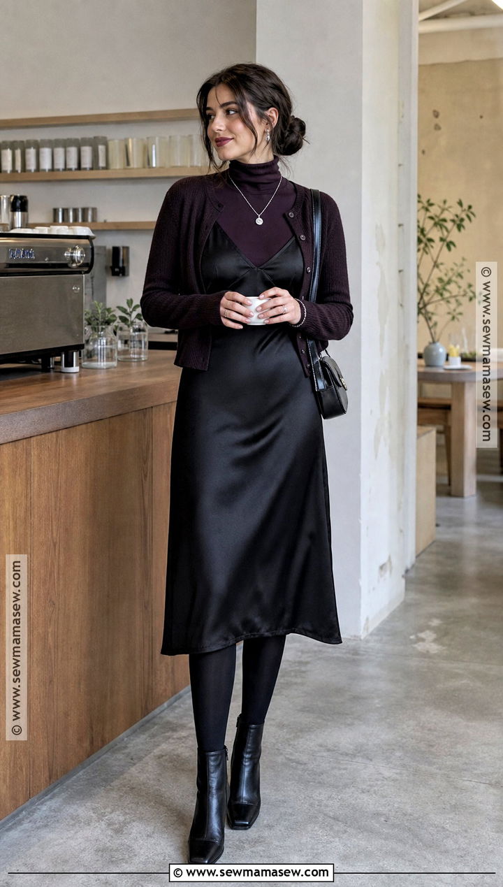 Black Slip Dress Halloween Outfit With Turtleneck - 30 Halloween Fashion Ideas