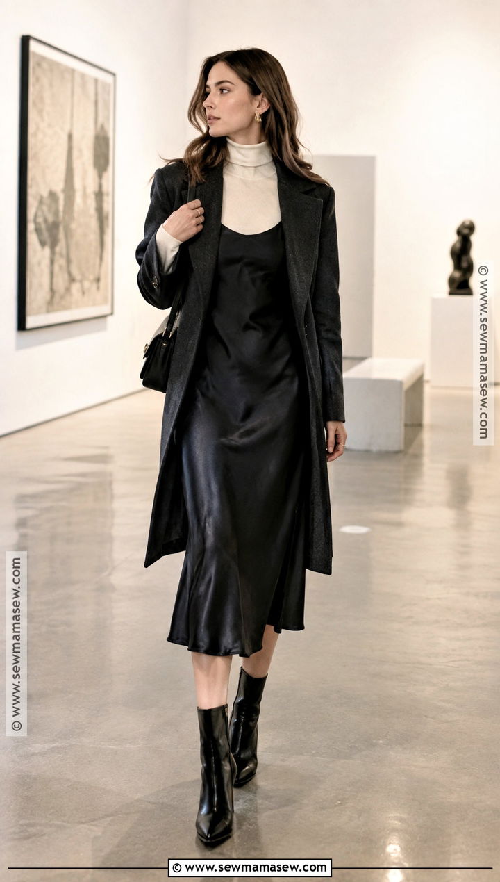 Black Slip Dress With Turtleneck And Boots - 20 black dress outfit fall ideas