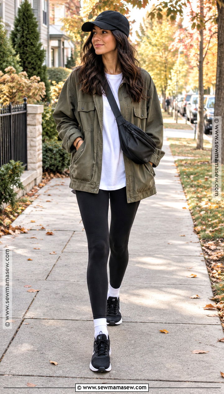 Black Sneakers With Leggings And Oversized Jacket - 15 Casual Fall Sneaker Outfits