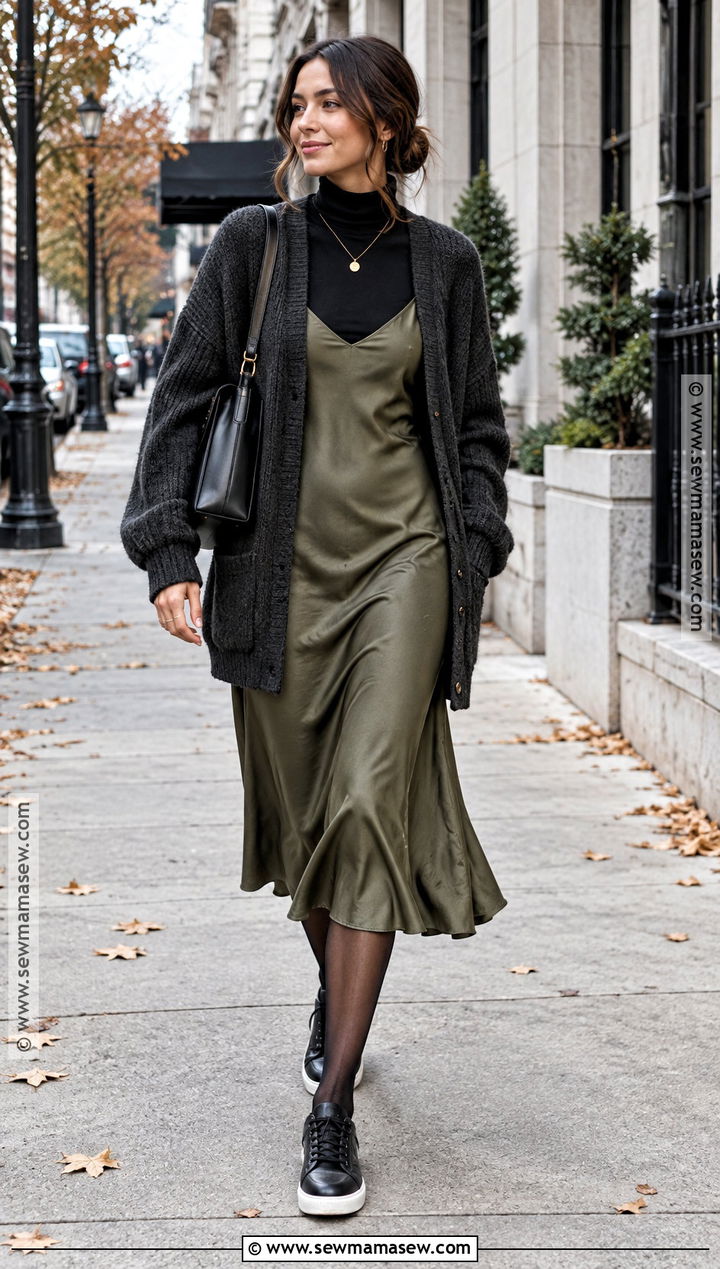 Black Sneakers With Slip Dress And Oversized Cardigan - 25 fall sneakers outfit
