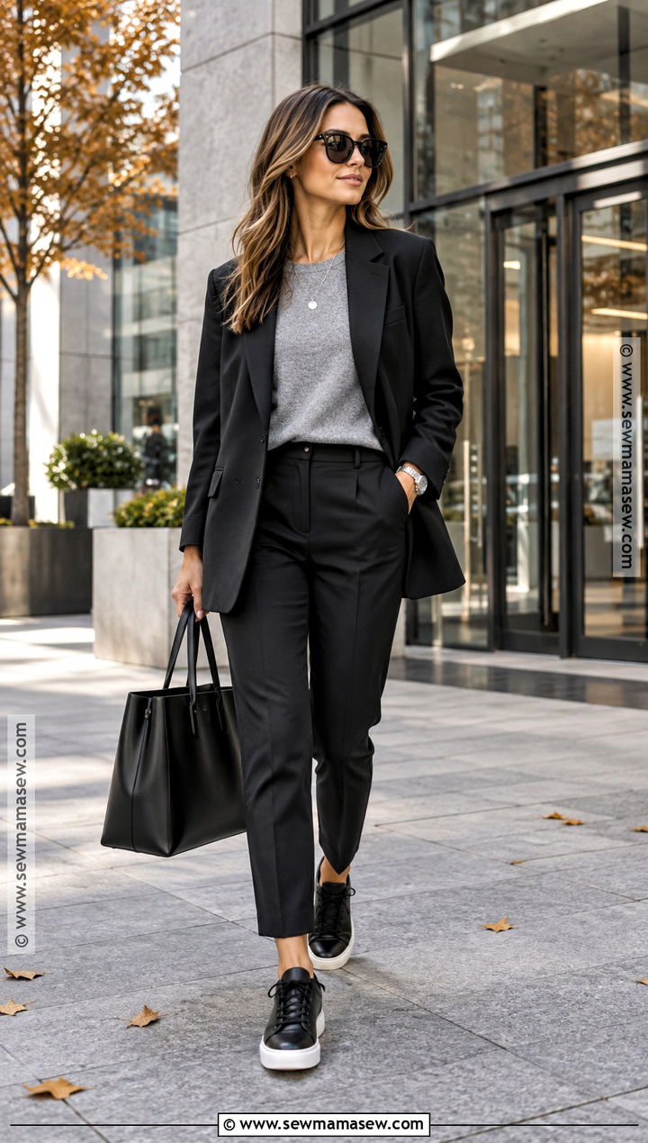Black Sneakers With Tailored Trousers - 20 Fall Sneaker Outfits for Women