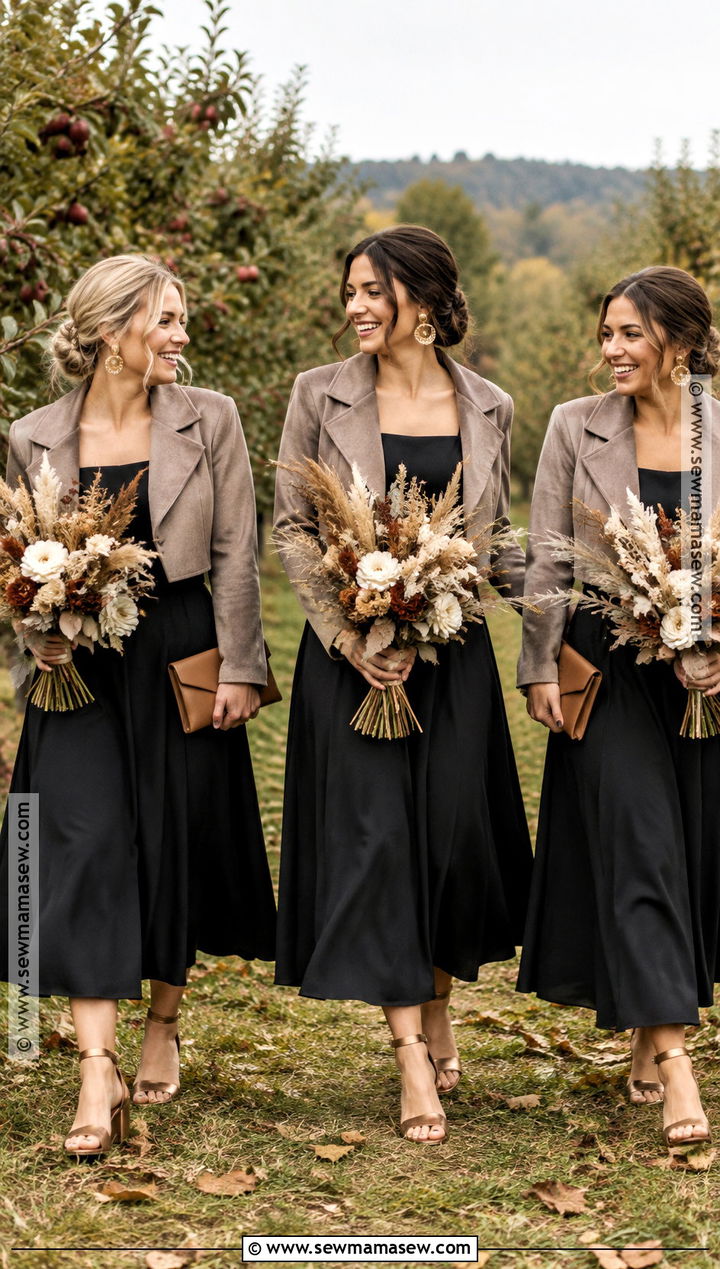 Black Square Neck Bridesmaid Dress With Dried Bouquet - 15 Fall Wedding With Black Bridesmaid Dresses
