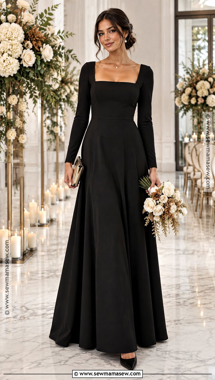 Black Square Neck Long Sleeve Bridesmaid Dress - 15 Fall Bridesmaid Dresses With Sleeves