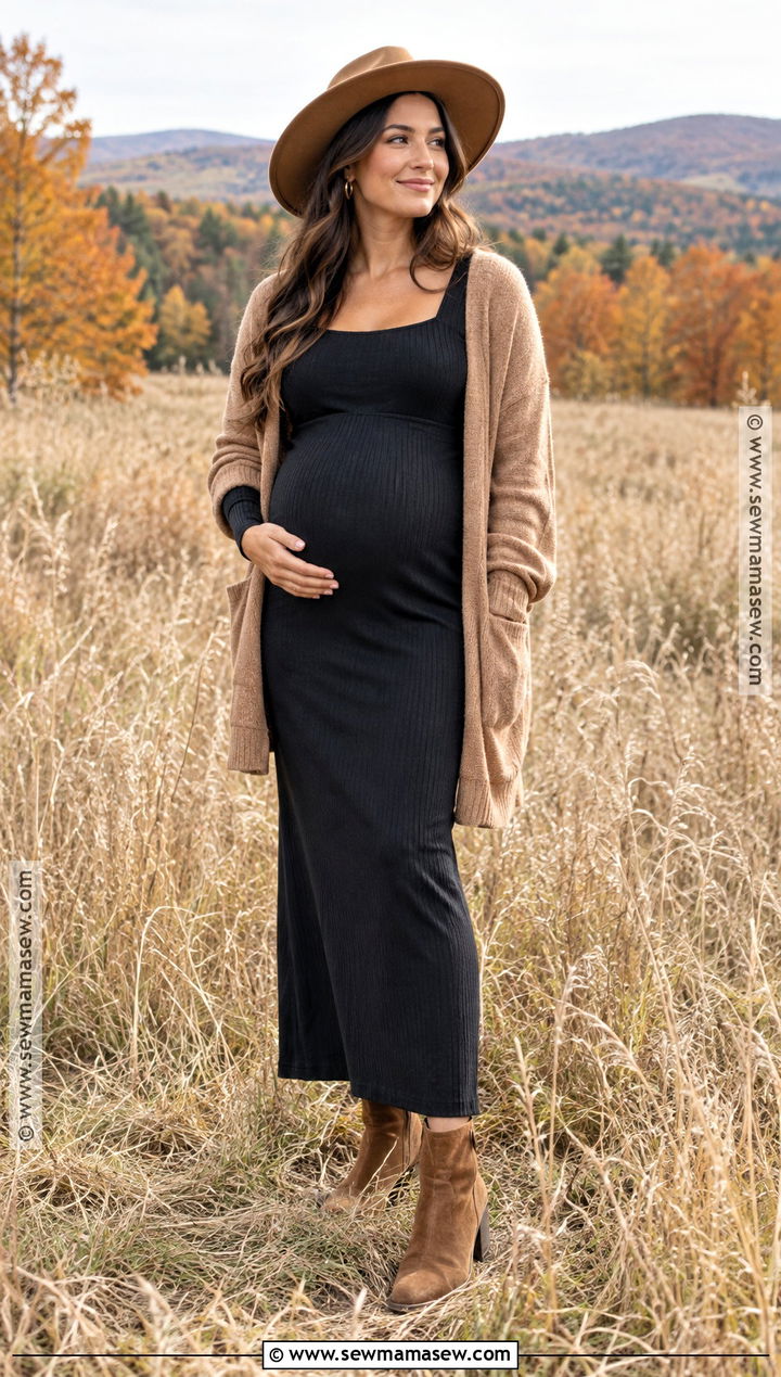Black Square Neck Maternity Maxi Dress - 15 Fall Maternity Shoot Black Dress Ideas
