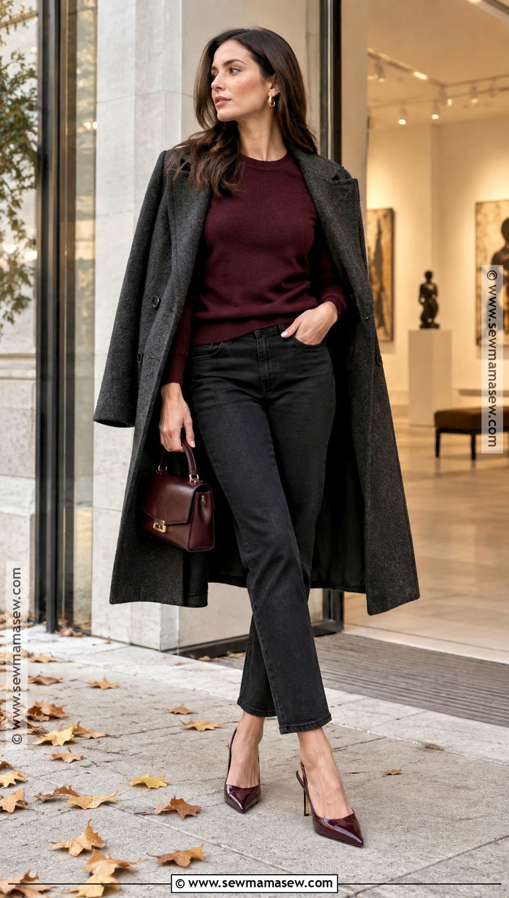 Black Straight Leg Jeans With Burgundy Sweater And Slingback Heels - 15 Black Straight Leg Jeans Outfit Fall