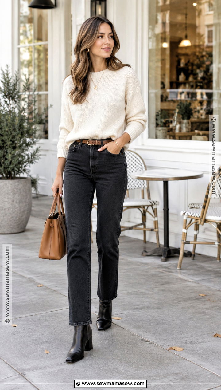 Black Straight Leg Jeans With Cream Sweater And Ankle Boots - 15 Black Straight Leg Jeans Outfit Fall