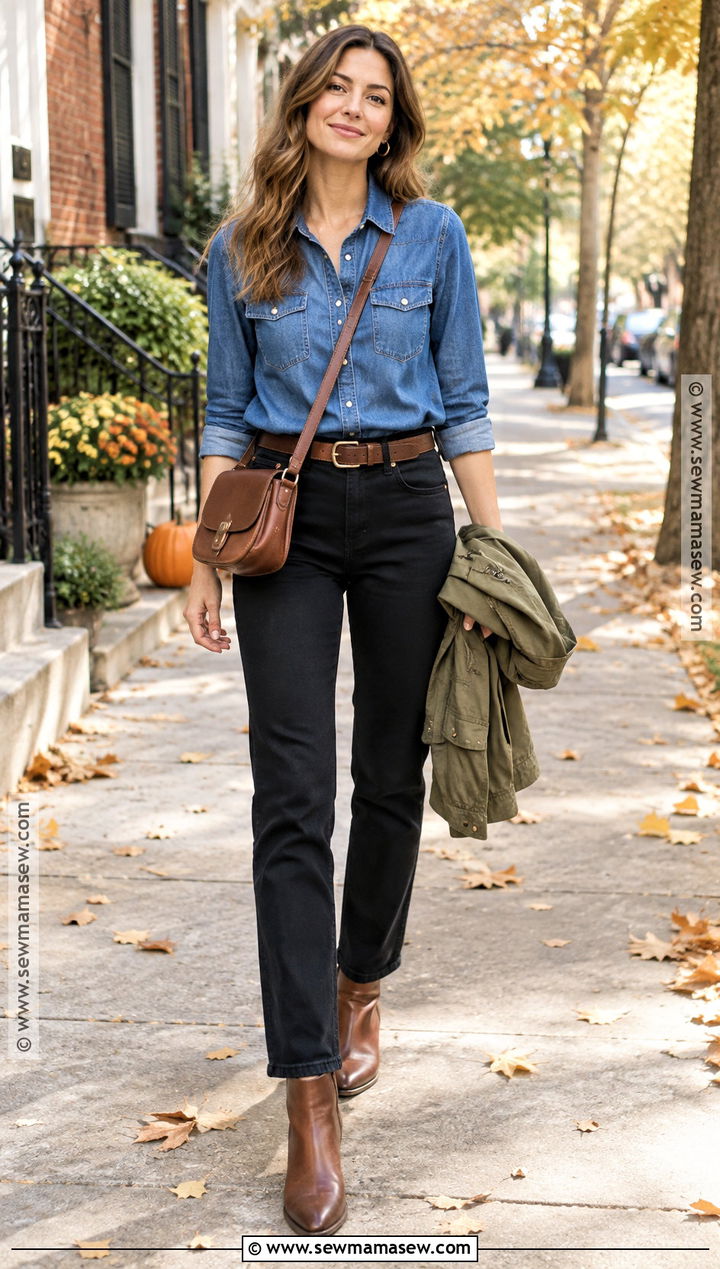 Black Straight Leg Jeans With Denim Shirt And Western Boots - 15 Black Straight Leg Jeans Outfit Fall