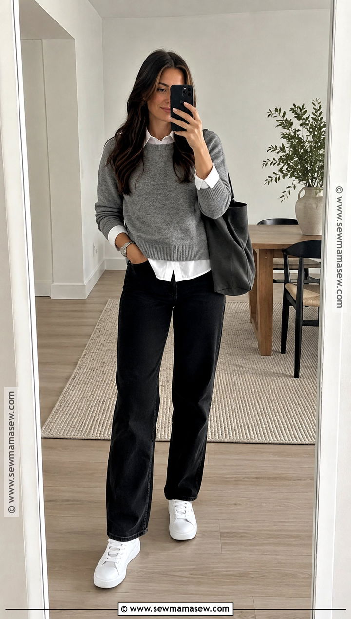 Black Straight Leg Jeans With Gray Sweater And Sneakers - 15 Fall Outfit Straight Leg Jeans