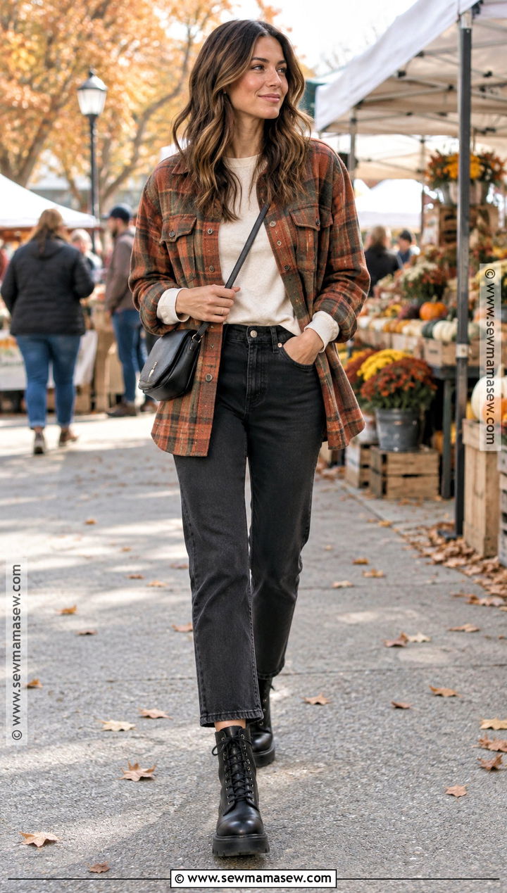 Black Straight Leg Jeans With Plaid Shacket And Combat Boots - 15 Black Straight Leg Jeans Outfit Fall