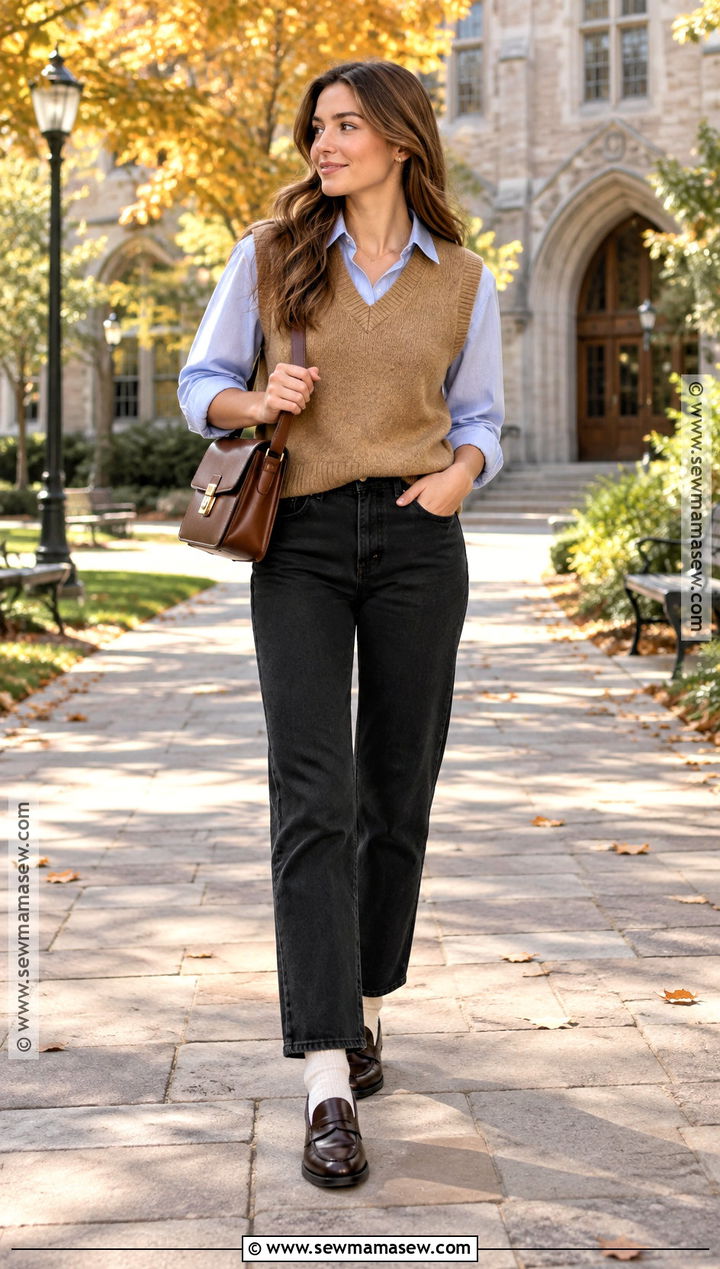 Black Straight Leg Jeans With Sweater Vest And Button Down Shirt - 15 Black Straight Leg Jeans Outfit Fall