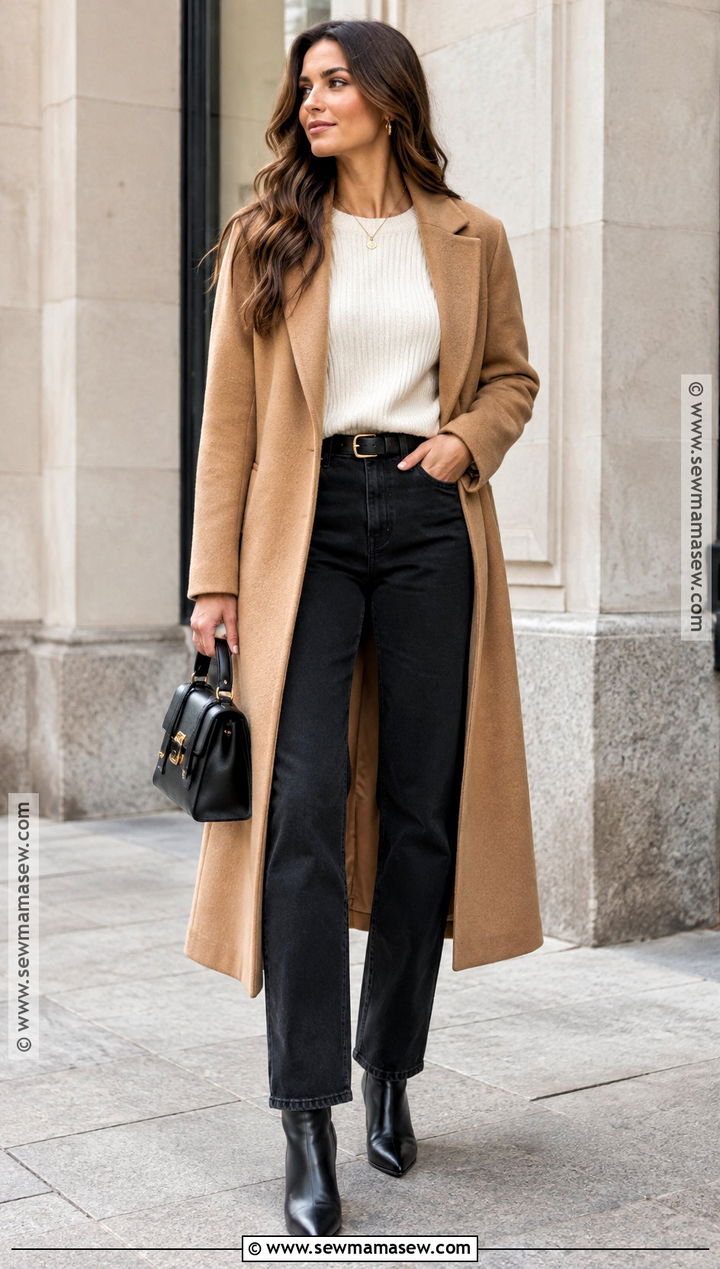 Black Straight Leg Jeans With a Camel Coat - 20 straight leg jeans outfits fall