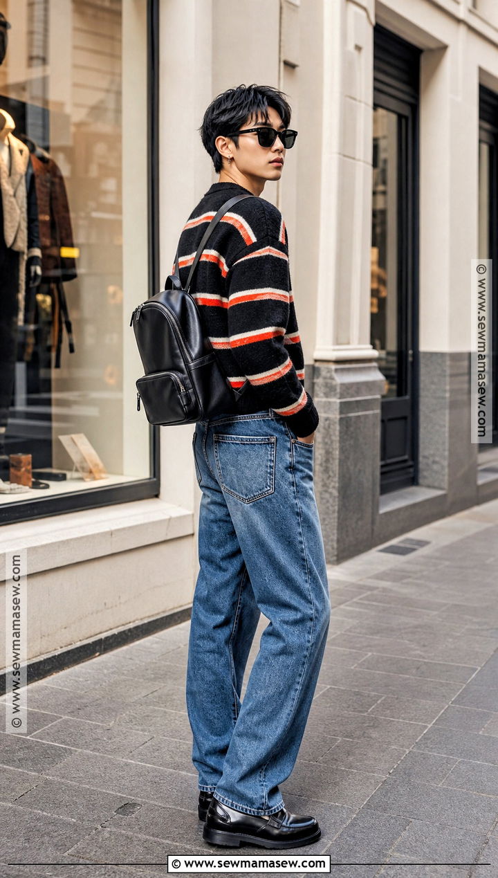 Black Striped Sweater Halloween Outfit With Relaxed Jeans - 30 Halloween Casual Outfits