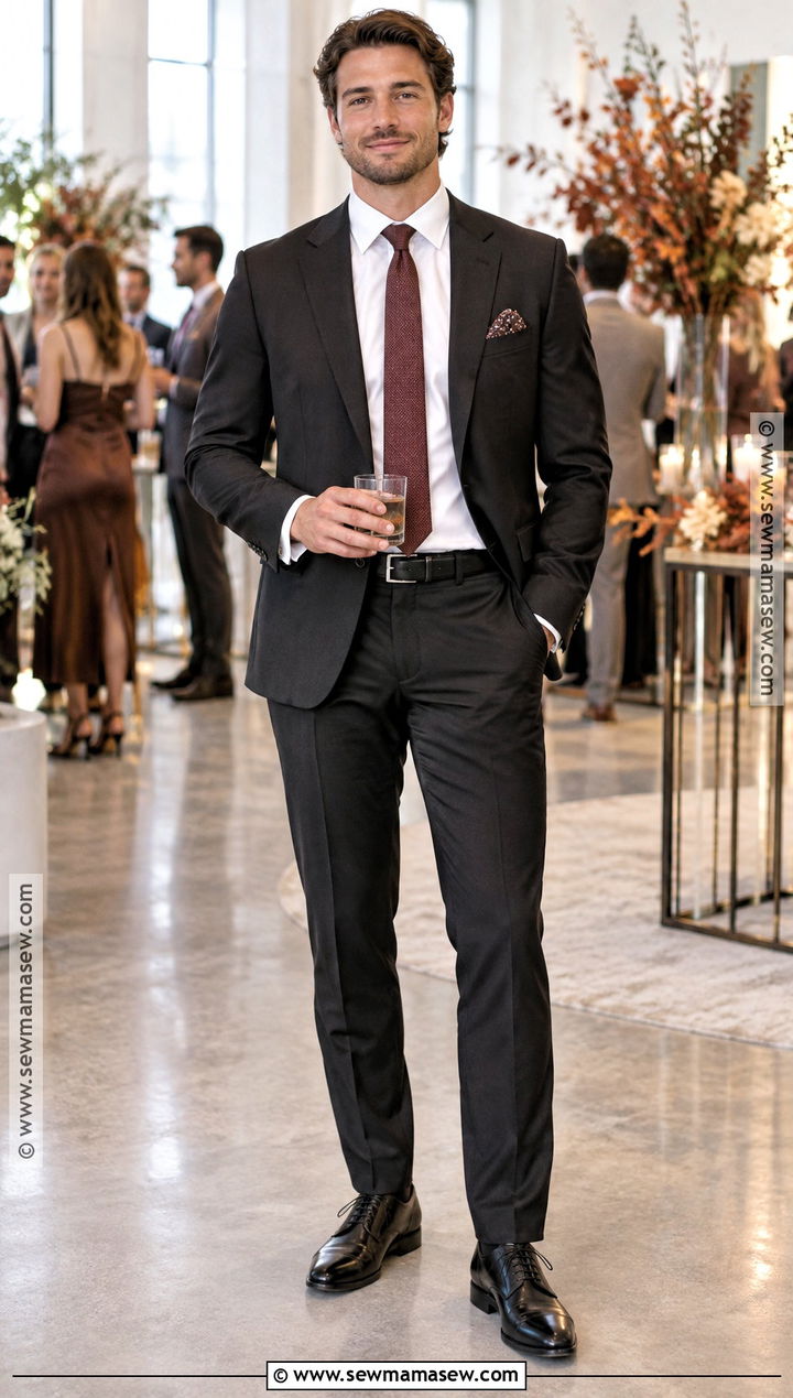 Black Suit And Burgundy Tie Fall Wedding Guest Outfit - 20 mens fall wedding attire guest ideas