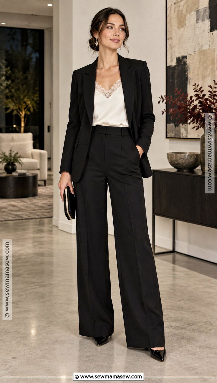 Black Suit And Lace Camisole Fall Outfit - 25 fall dressy outfits