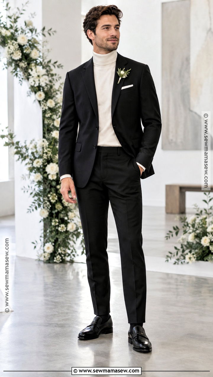 Black Suit And Turtleneck Groom Attire - 25 fall wedding groom attire ideas