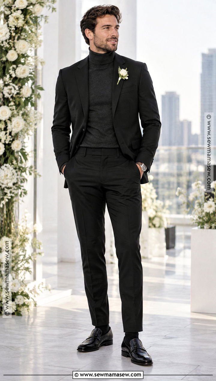 Black Suit And Turtleneck Groom Outfit - 15 groom outfit fall wedding ideas