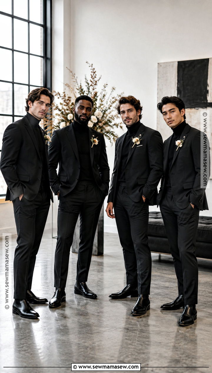 Black Suit With Black Turtleneck - 15 fall groomsmen attire black ideas