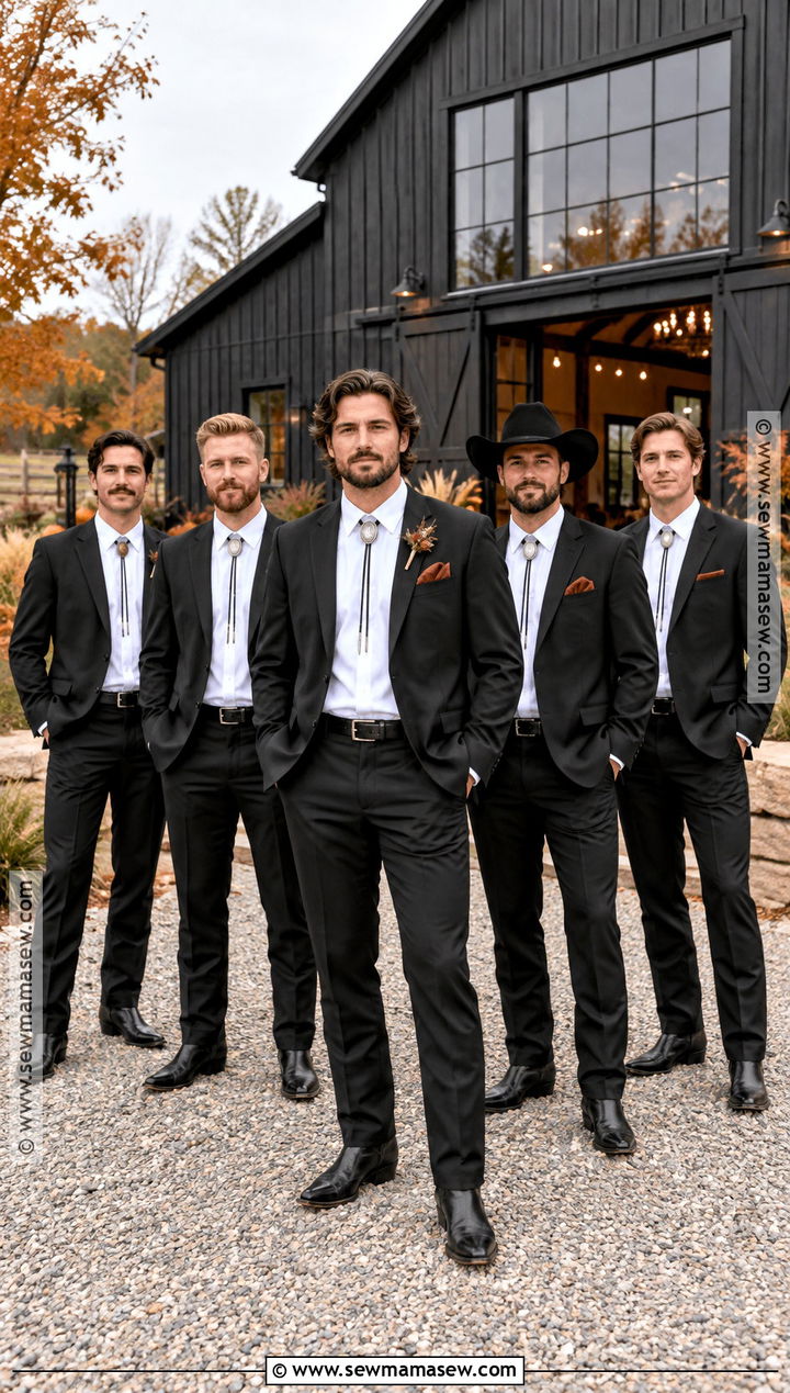 Black Suit With Bolo Tie Groomsmen Attire - 15 country fall wedding groomsmen attire ideas