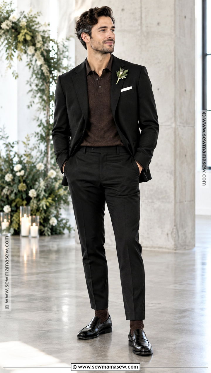 Black Suit With Brown Knit Polo - 15 casual fall wedding groom attire ideas